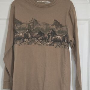 Bit & Bridle Tan Brown Crew Neck Long Sleeve Tee Shirt Mens M Great Horse Motif
